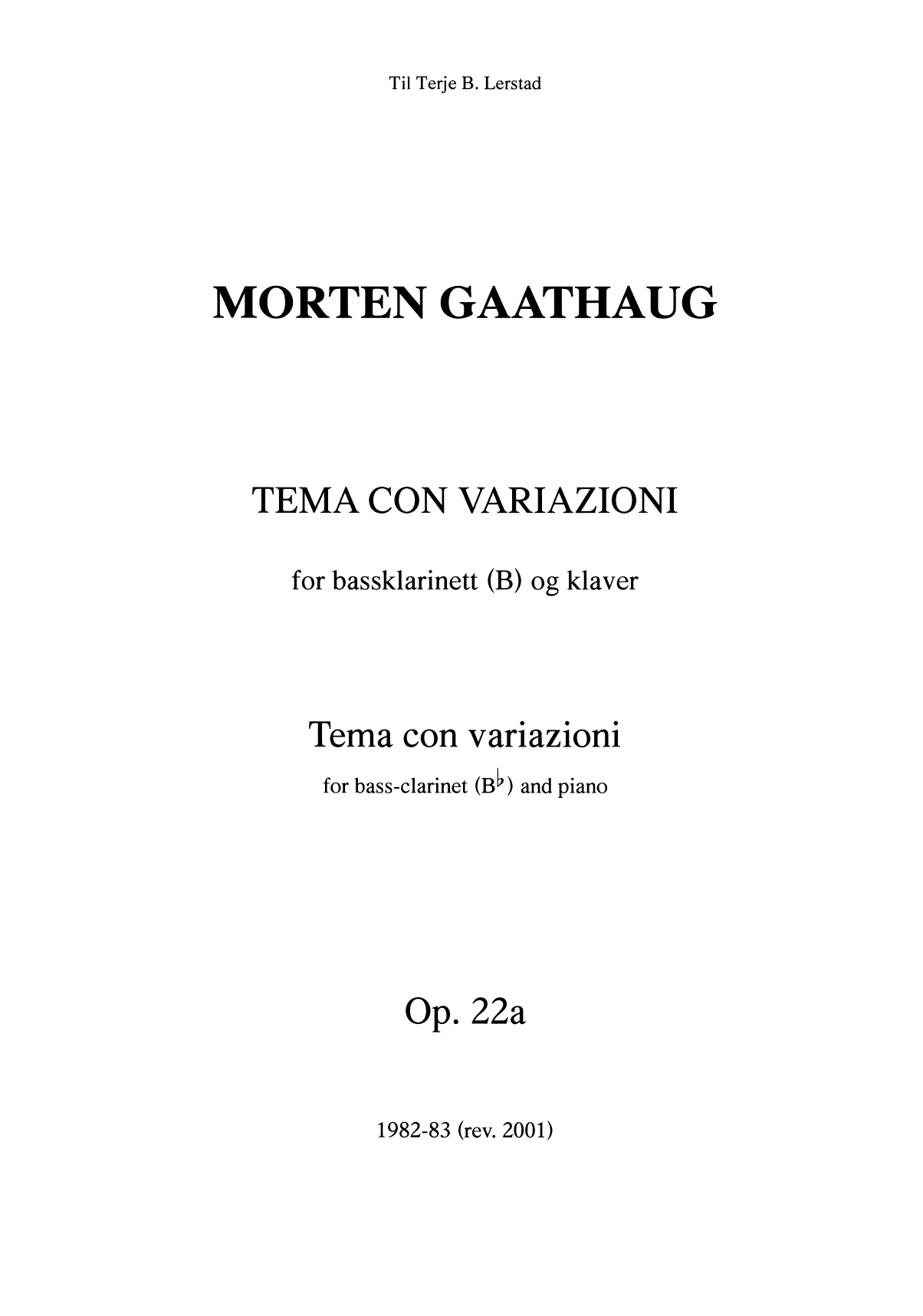 Tema con variazioni - For bassklarinett (B) og klaver op. 22 a