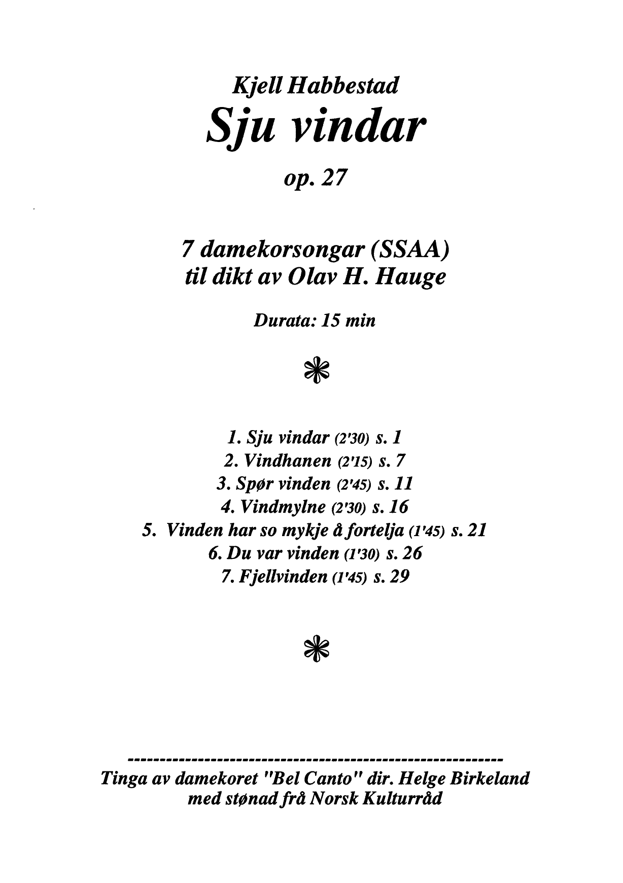 Sju vindar, op. 27 - 7 damekorsongar (SSAA) til dikt av Olav H. Hauge - Bilde 3