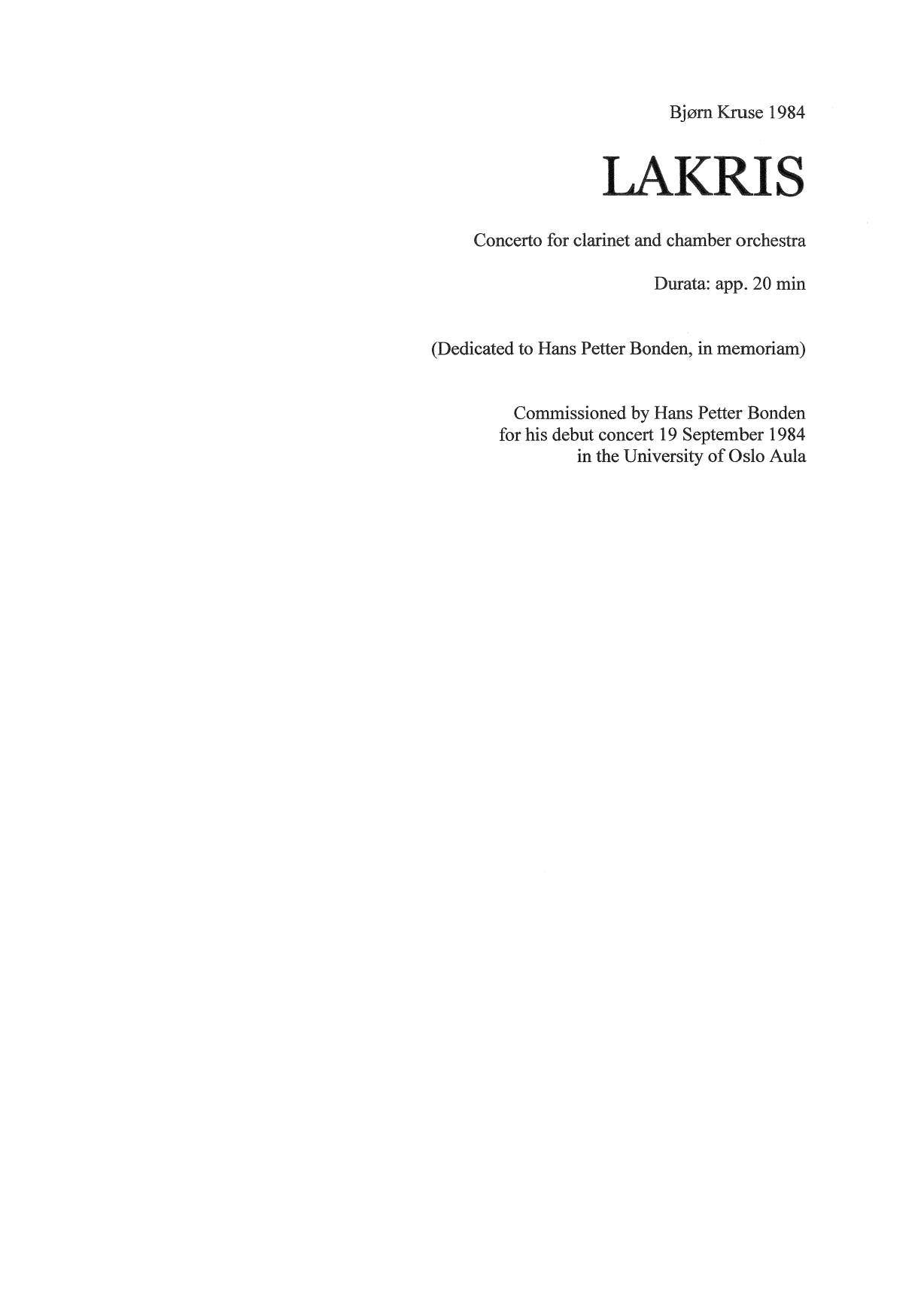 Lakris : Concerto for Clarinet and Orchestra