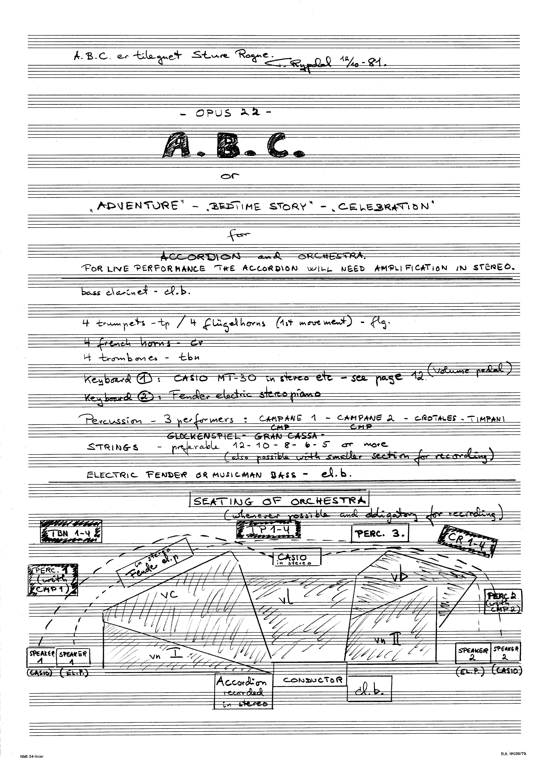 A.B.C. or "Adventure" - "Bedtime Story" - "Celebration" for Accordeon and Orchestra, Op. 22