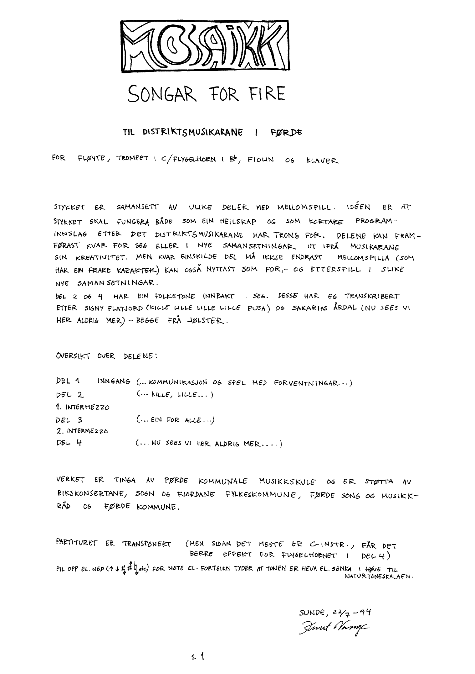 Mosaikk - Songar for fire, for fløyte, trompet,i C / flygelhorn i Bb, fiolin og klaver