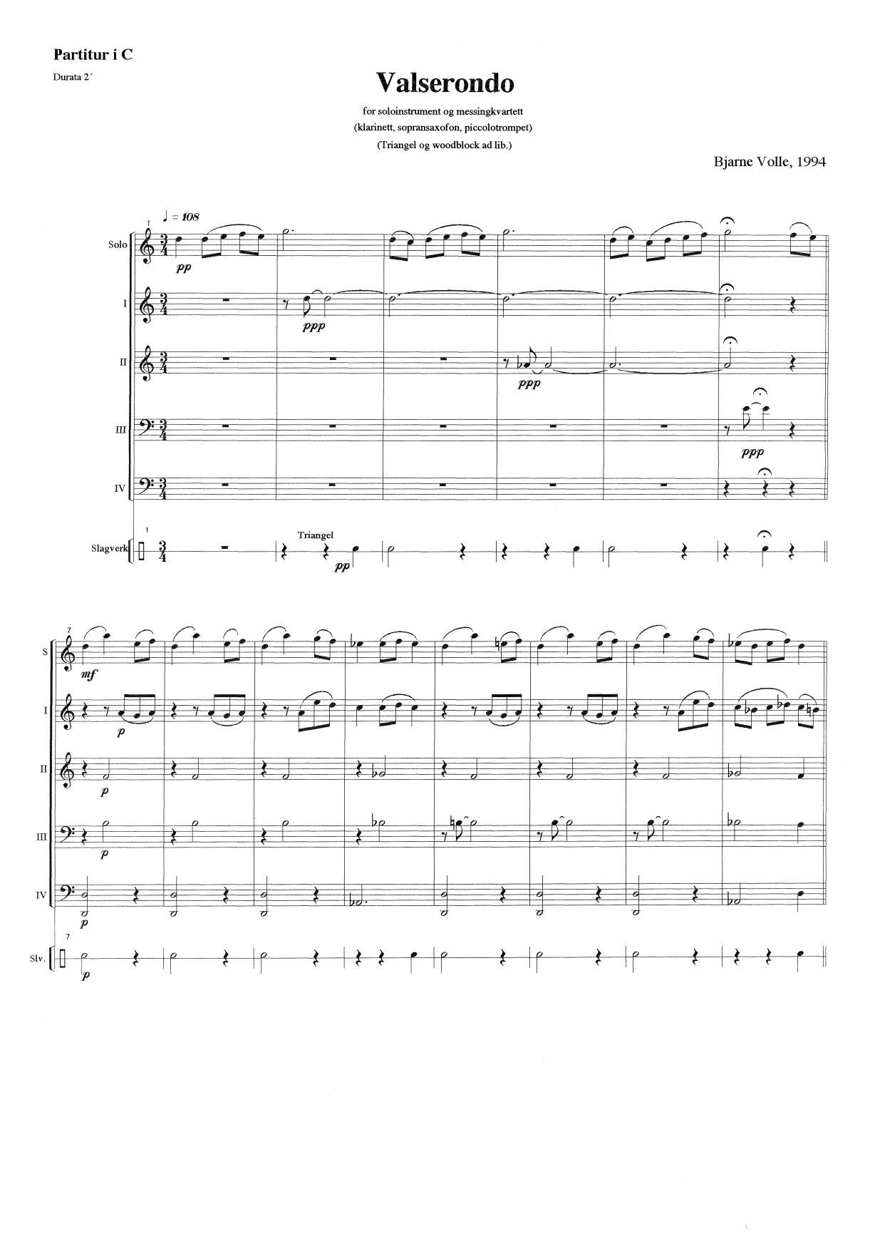 Valserondo - For soloinstrument (klarinett, sopransaxofon, piccolotrompet) og messingkvartett, triangel og woodblock ad lib. - Image 3