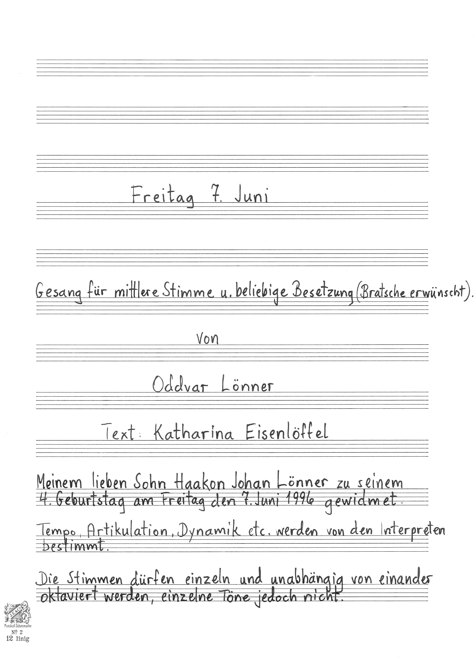 Freitag 7. Juni - Gesang für mittlere Stimme und beliebige Besetzung (Bratsche erwünscht)