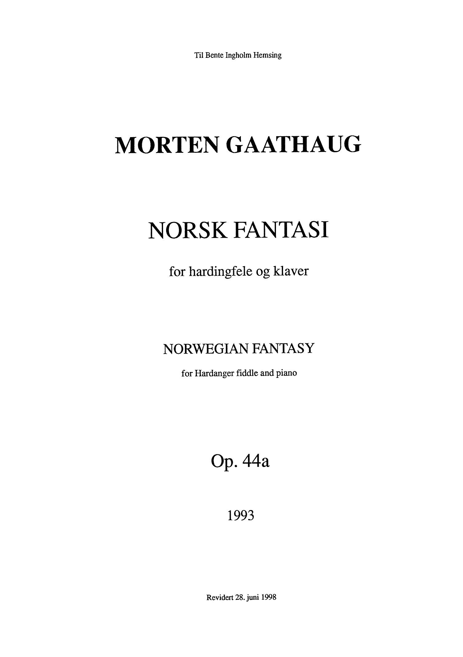 Norwegian Fantasy : For Hardanger Fiddle and Piano, Op. 44a