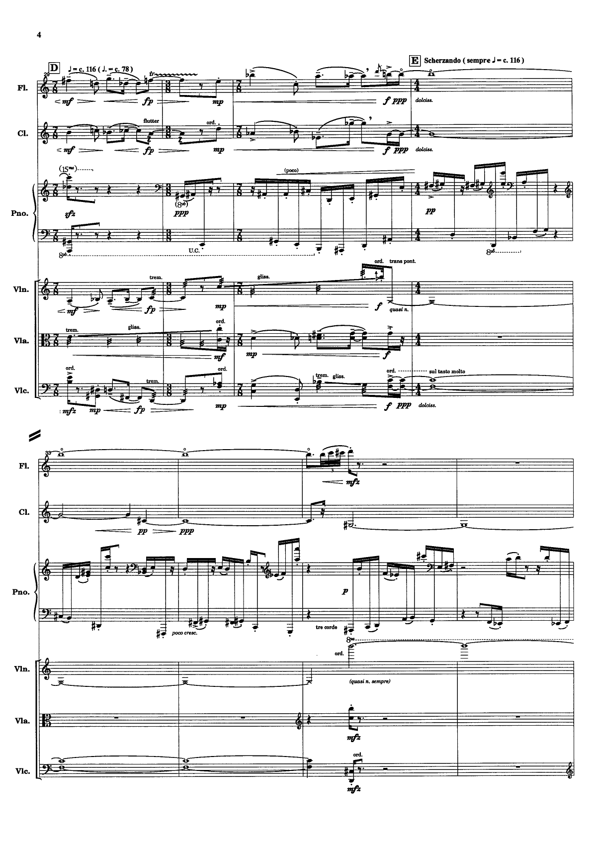 Transit - For Flute (bass flute), Clarinet in A (bass clar.), piano, violin, viola and cello - Image 6