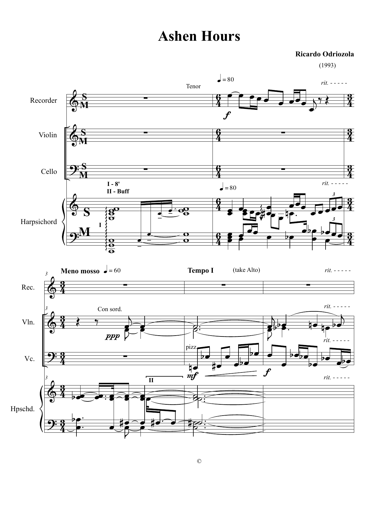 Ashen Hours - For Recorders (sopranino, alto, tenor), Violin, Cello and Harpsichord - Image 3