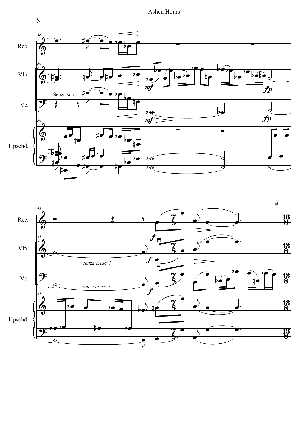 Ashen Hours - For Recorders (sopranino, alto, tenor), Violin, Cello and Harpsichord - Image 10