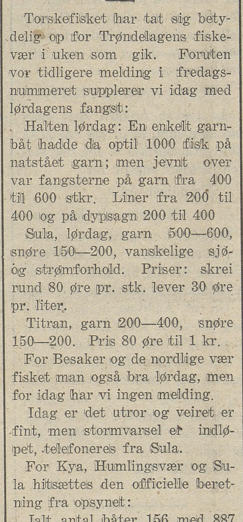 Utklipp fra Fosens Blad 22. februar 1926: Fiskeboom i Trøndelagsvær: garn full av torsk
