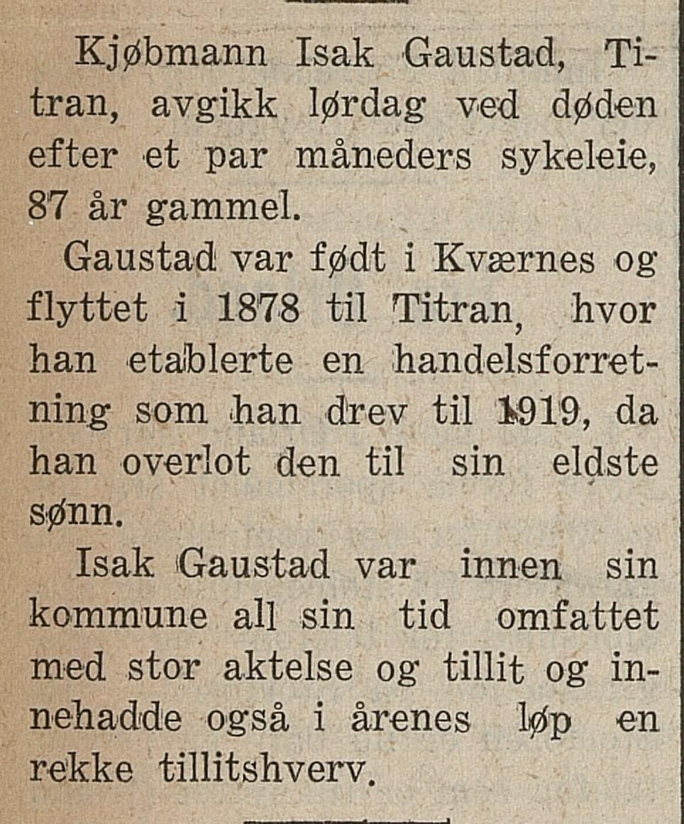 Utklipp fra Fosens Blad 12. august 1930