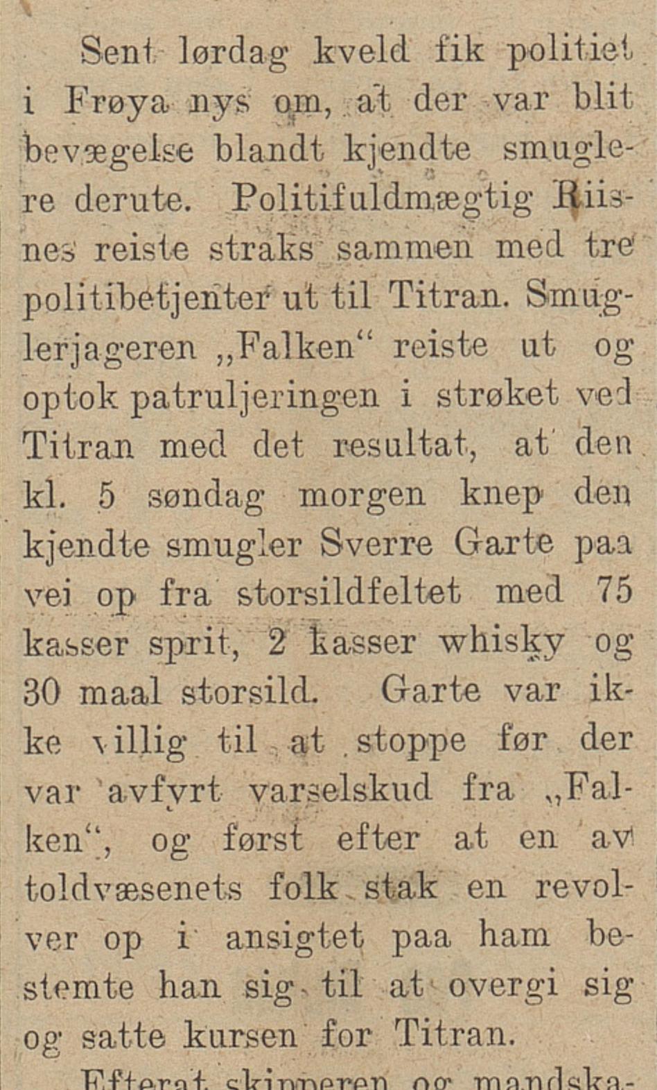 Utklipp fra Hordaland Folkeblad 13. februar 1926: Smugler stoppet med varselskud og revolver utenfor Titran