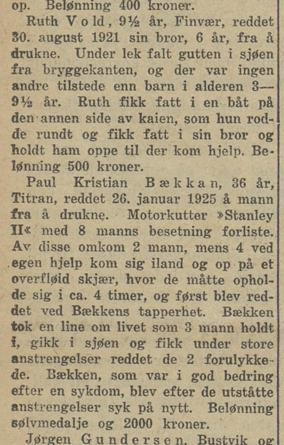 Utklipp fra Nidaros 6. februar 1926: Titran-mann hedret for dramatisk redning etter forlis