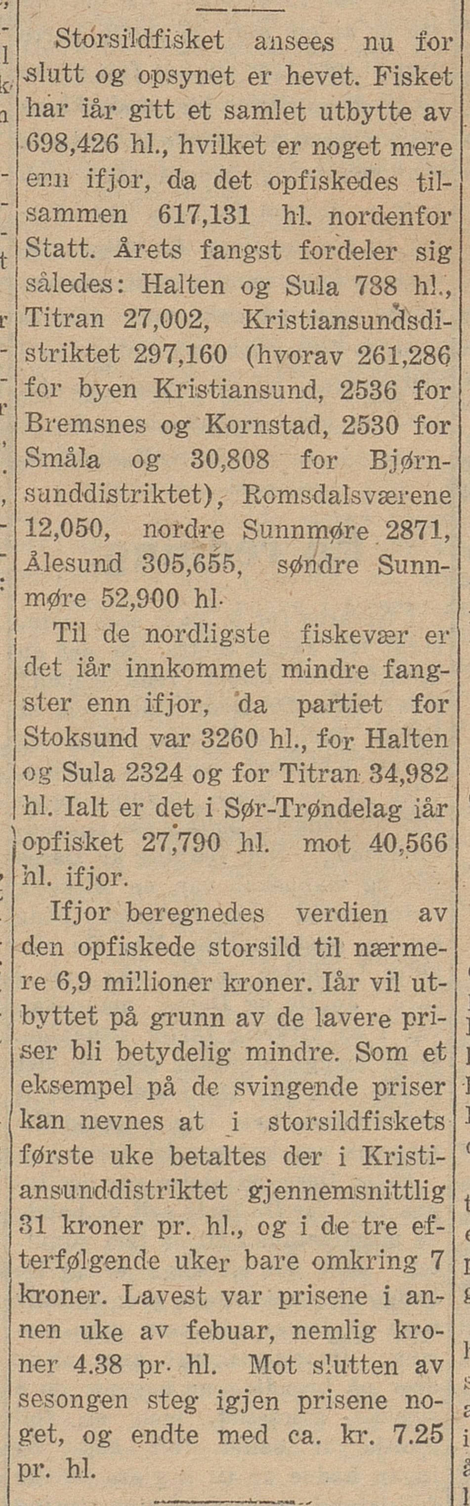 Utklipp fra Nidaros: Trøndelagen 18. mars 1926: Storsildfisket er over – og prisene stupte