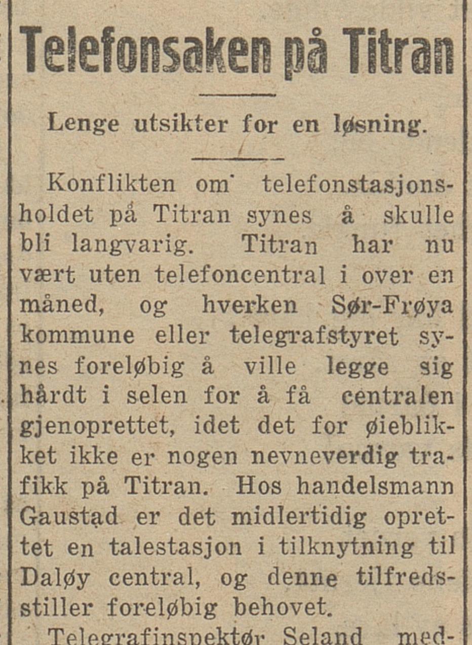 Utklipp fra Nidaros: Trøndelagen 1. juni 1926: Titran uten telefonsentral i over en måned