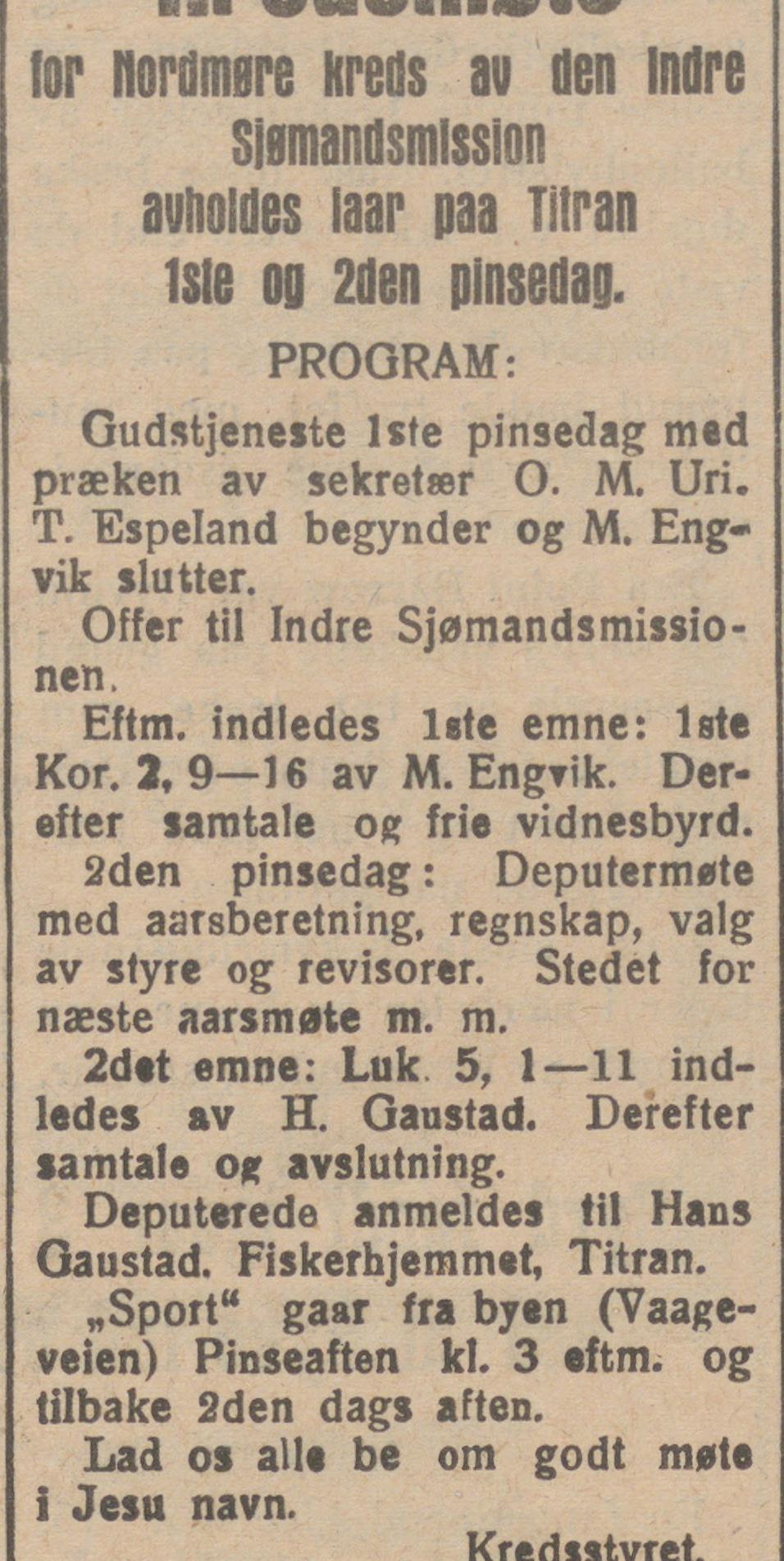 Utklipp fra Romsdalsposten 18. mai 1926: Pinsestevne for sjømannsmisjonen på Titran