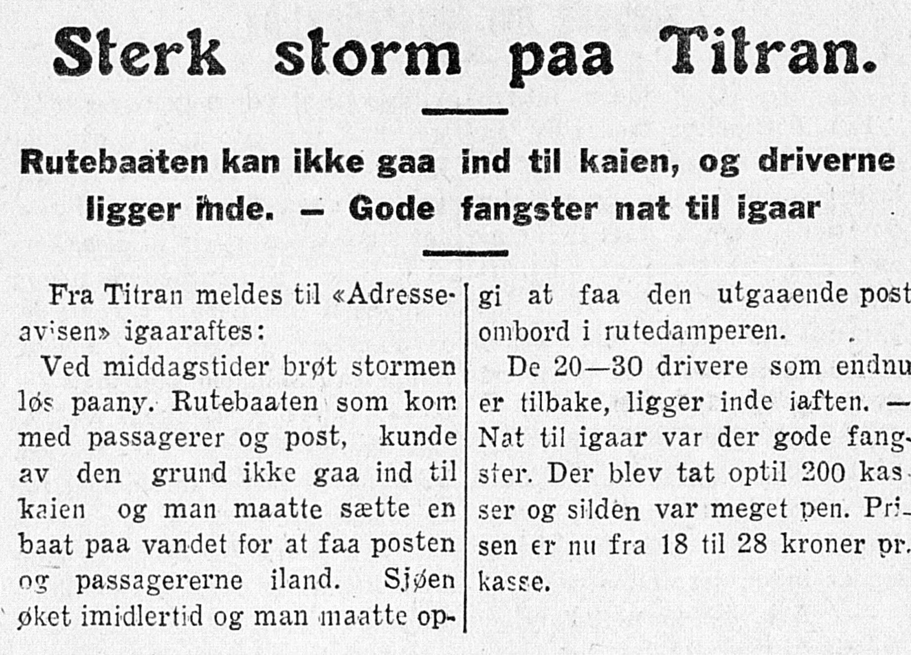 Utklipp fra Trondhjems Adresseavis 9. oktober 1925: Storm på Titran: rutebåten kom ikke inn til kaia