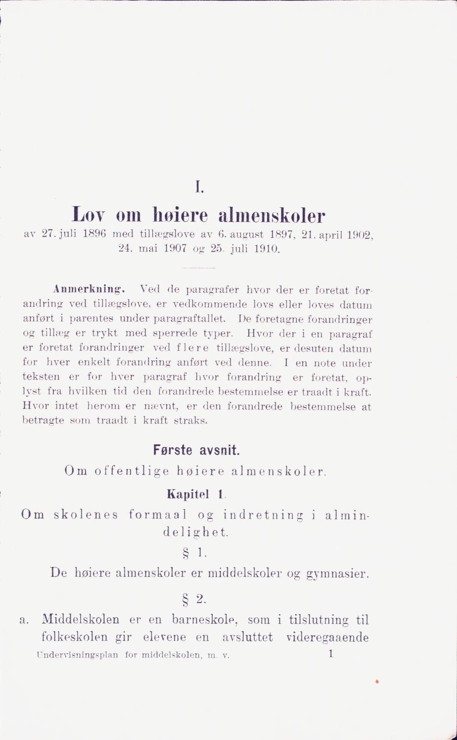 Skann 7 av Middelskolen: lov, reglement, undervisningsplan og eksamensreglement 1911