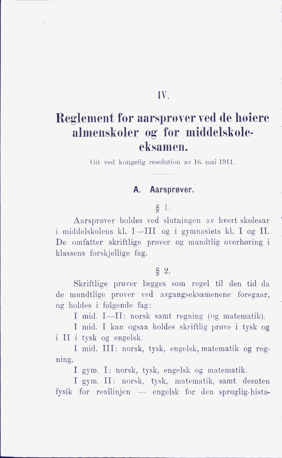 Skann 168 av Middelskolen: lov, reglement, undervisningsplan og eksamensreglement 1911
