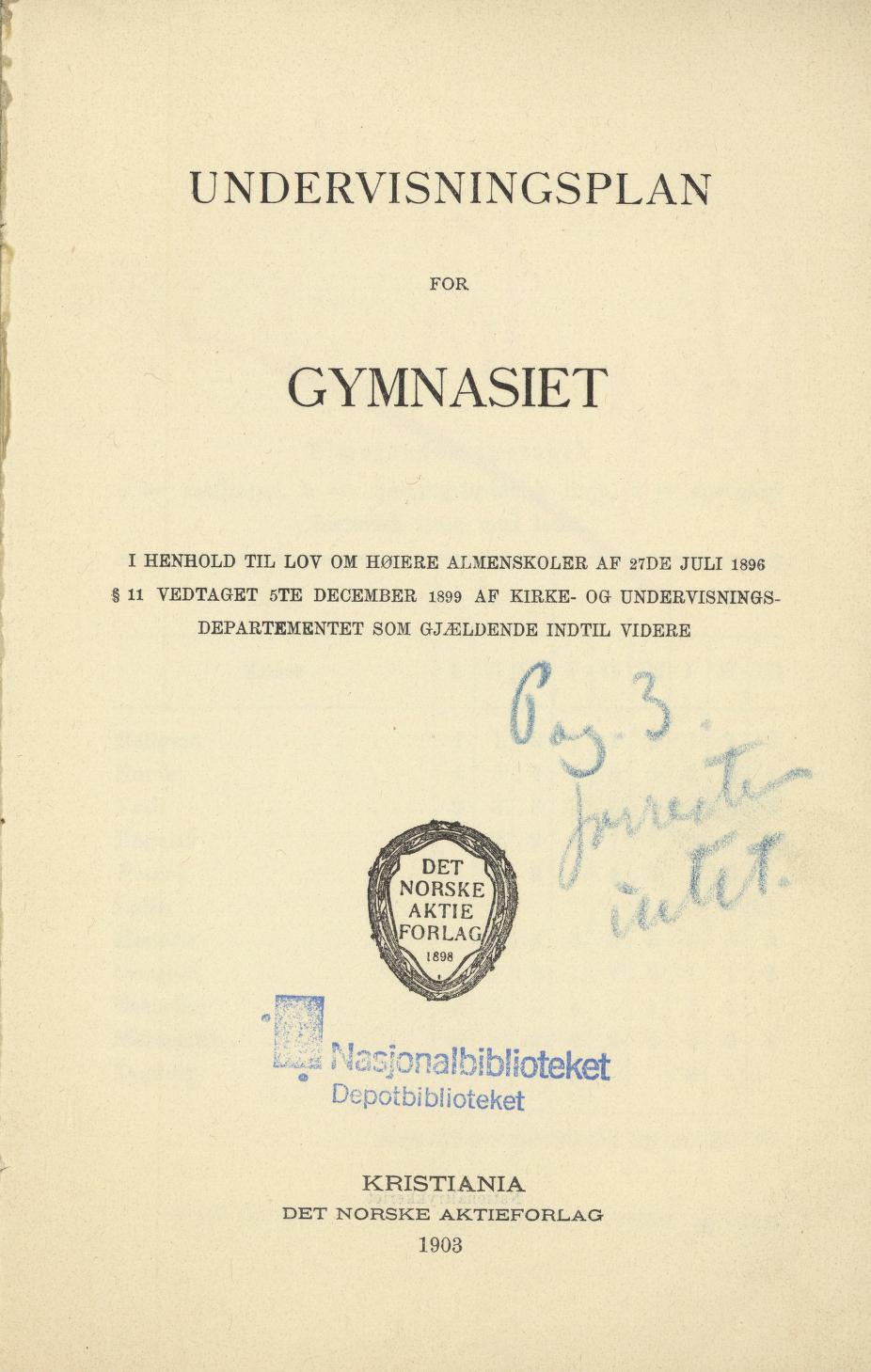 Skann 3 av Undervisningsplan for gymnasiet 1899