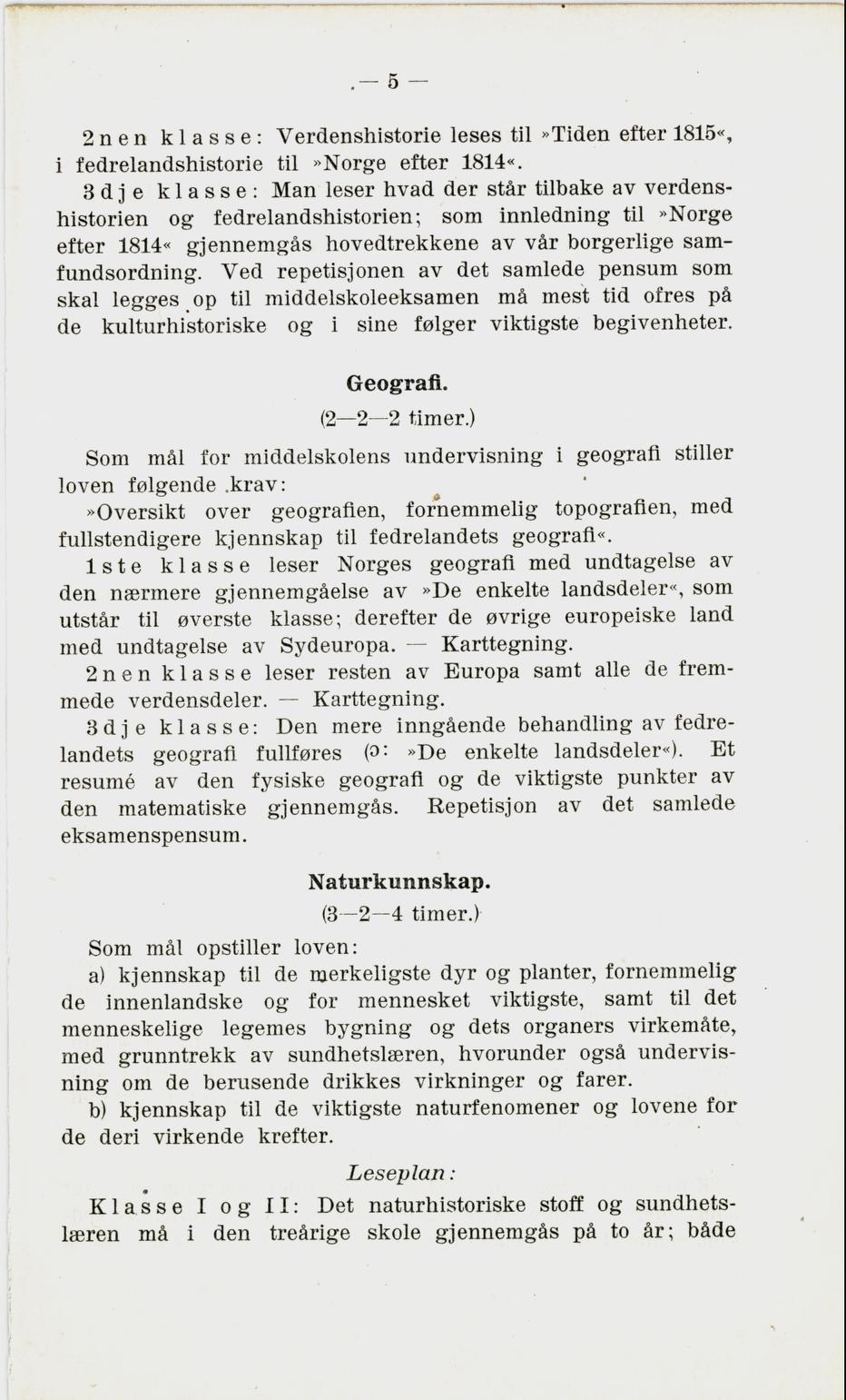 Skann 7 av Undervisningsplan for den treårige middelskole 1921