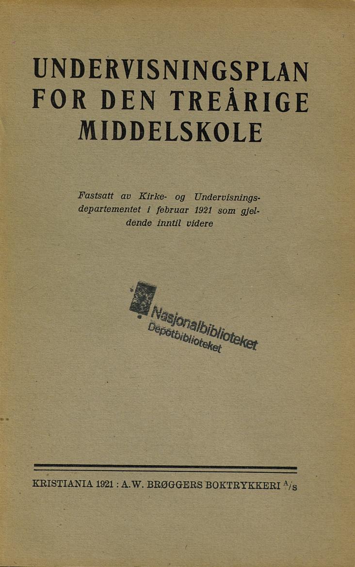 Skann 1 av Undervisningsplan for den treårige middelskole 1921