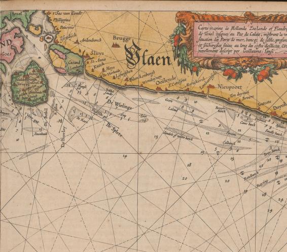 Illustrasjon fra Het licht der Zee-vaert : daerinne claerlijck beschreven ende afghebeeldet werde[n], alle de Custen ende Havenen, vande Westersche, Noordsche, Oostersche ende Middelandsche Zee'n, Oock van vele Landen, Eylanden ende plaetsen van Guinea, Brasilien, Oost ende West-Indien : Wt de alderbeste Zeebeschrijvers gheschriften (als Lucas Iansz. waghenaer ende meer andere) eensdeels vergadert, maer uyt vele ervarene Zeevaerders schriften ende mondtlijcke verclaringhen van alle verlopen ghebetert, ende met veel nieuwe beschrijvinghen ende Caerten seer vermeerdert : Alles ghedeelt in vier boecken, war van ijders inhoudt voor elck uytghedruckt staet : Hier sijn bijghevoeght (beneffens eene onderwijsinghe in de conste der Zeevaert) nieuwe tafeln van der Zonnen declinatie, gherekent uyt de observatien van Tijcho Brahe, ende gherecht op de Meridiaen van Amsterdam : Midsgaders nieuwe tafeln ende onderwijs van't recht ghebruyck der Noordsterre ende andere vaste sterren : alle Zeevarende luyden te nut ghedaen